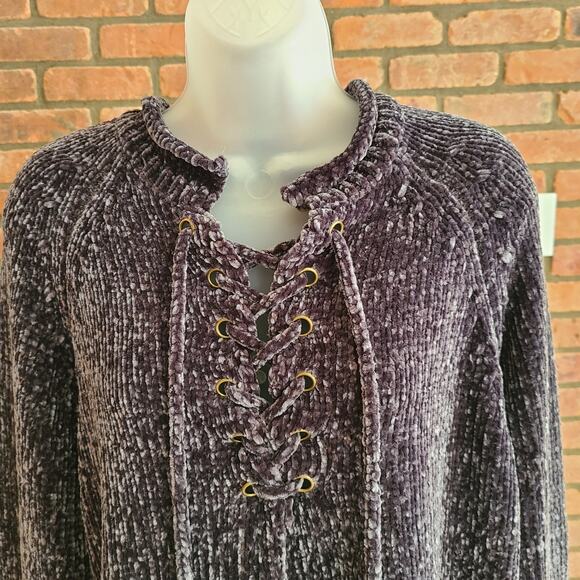 Chenille Crew Neck Sweater Top, Quarter Lace up Tunic - Picture 2 of 9